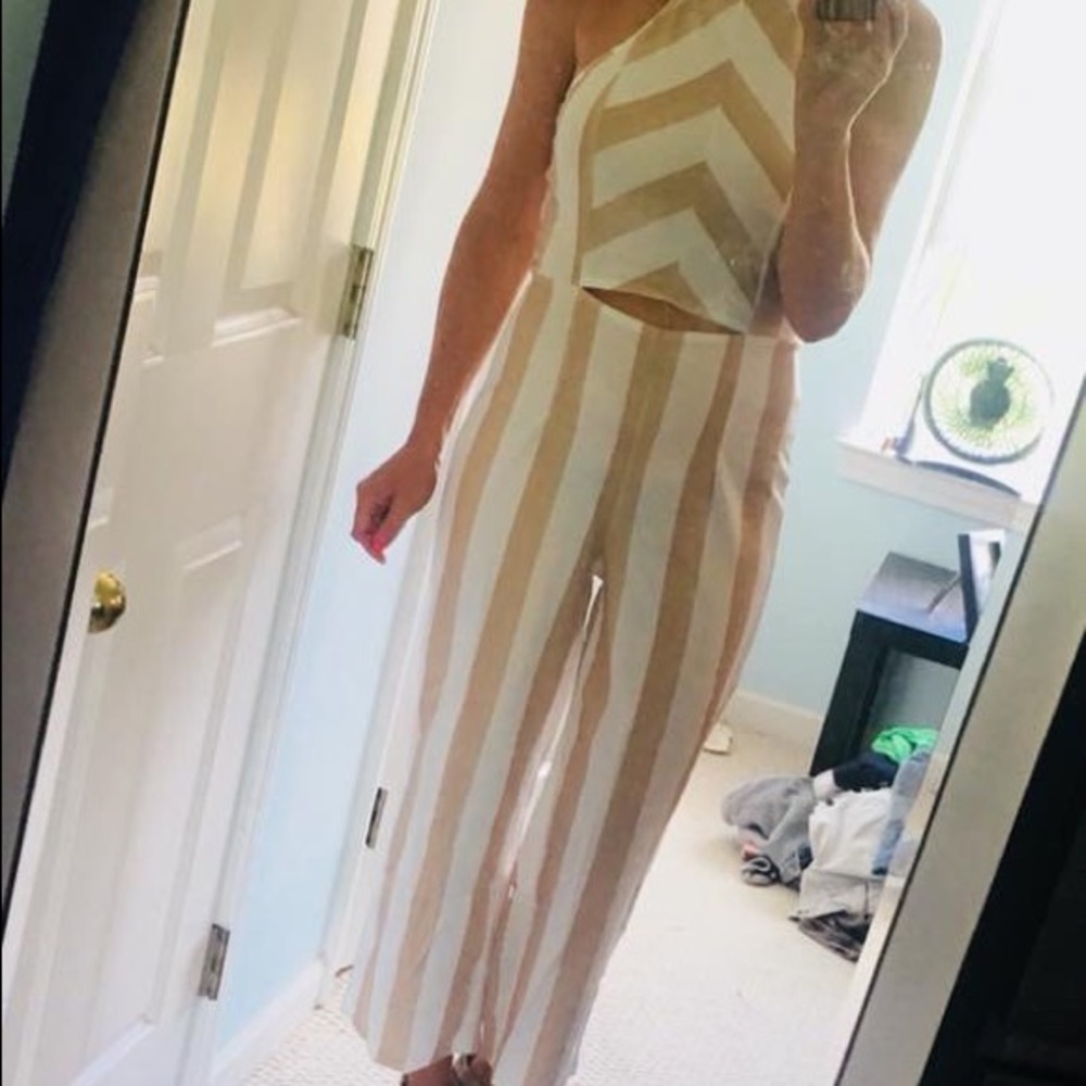 Beige and white striped crop jumpsuit